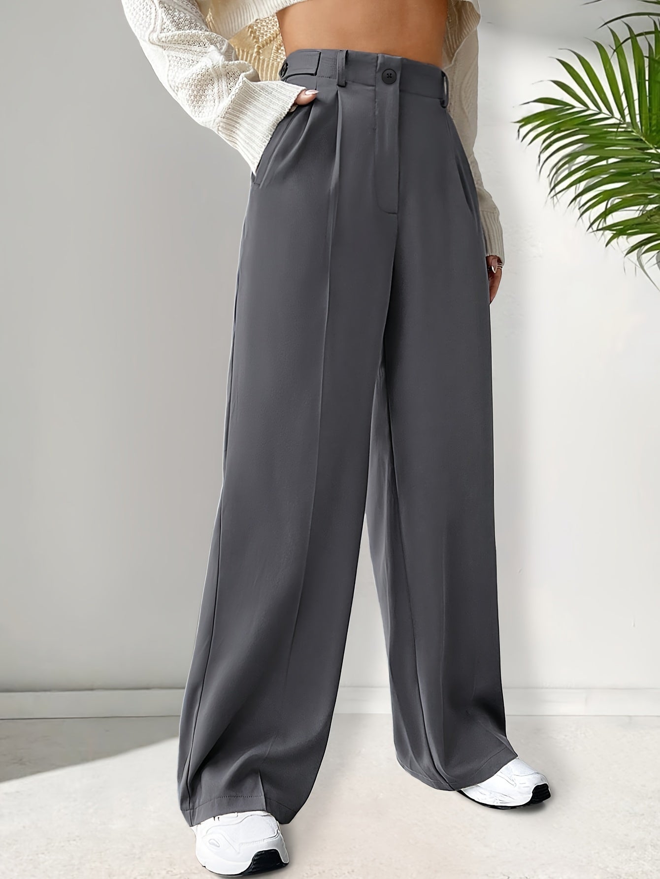 Women's Solid Color Work Pants with Dual Pockets Long Casual Trousers