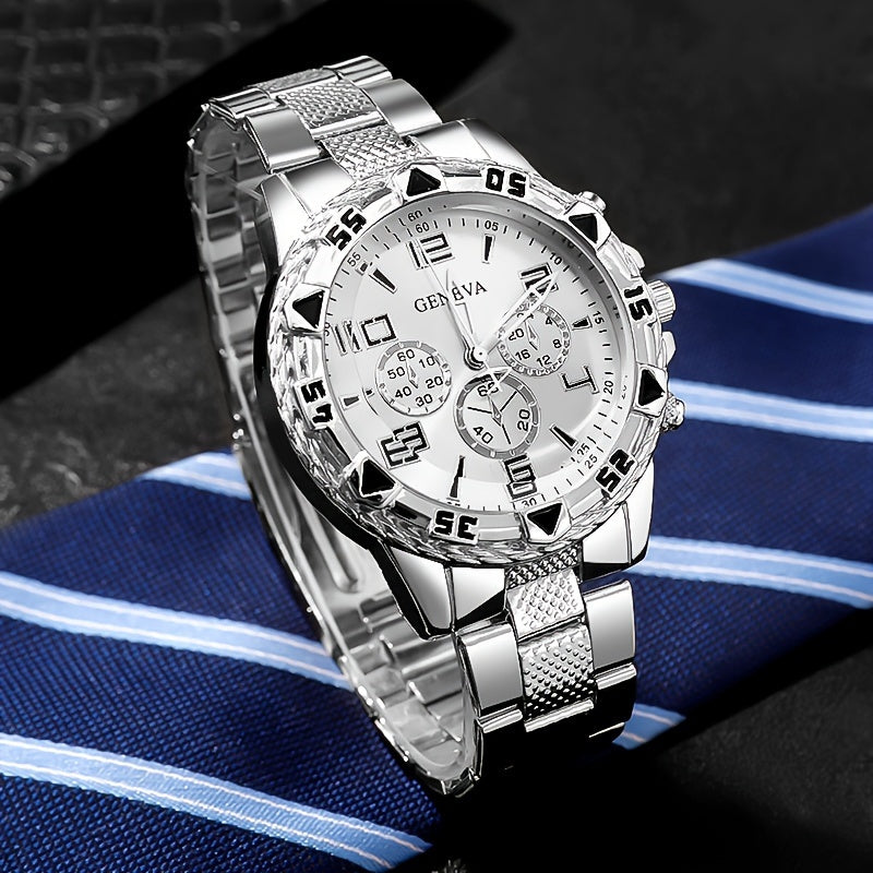 Men's Silver Quartz Watch Set with Stainless Steel Straps for Business and Casual Wear
