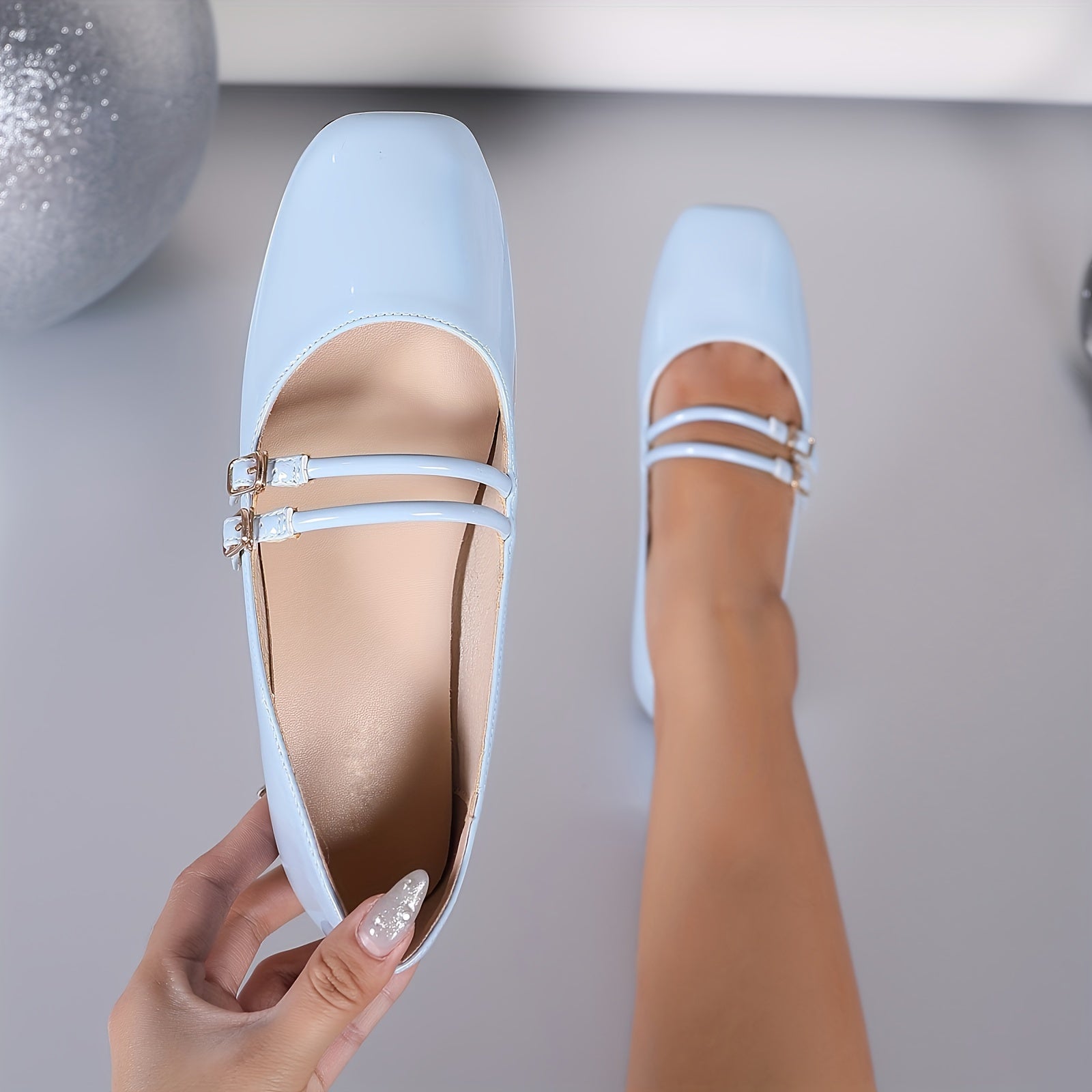 Women's Square Toe Flat Shoes Solid Color Double Buckle Flats