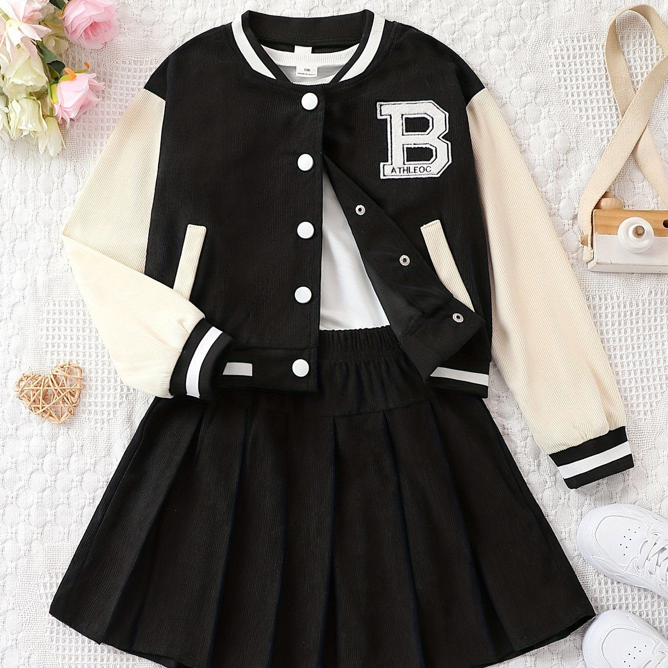 Girls 2-Piece Corduroy Long Sleeve Jacket and Pleated Skirt Set for Fall Winter