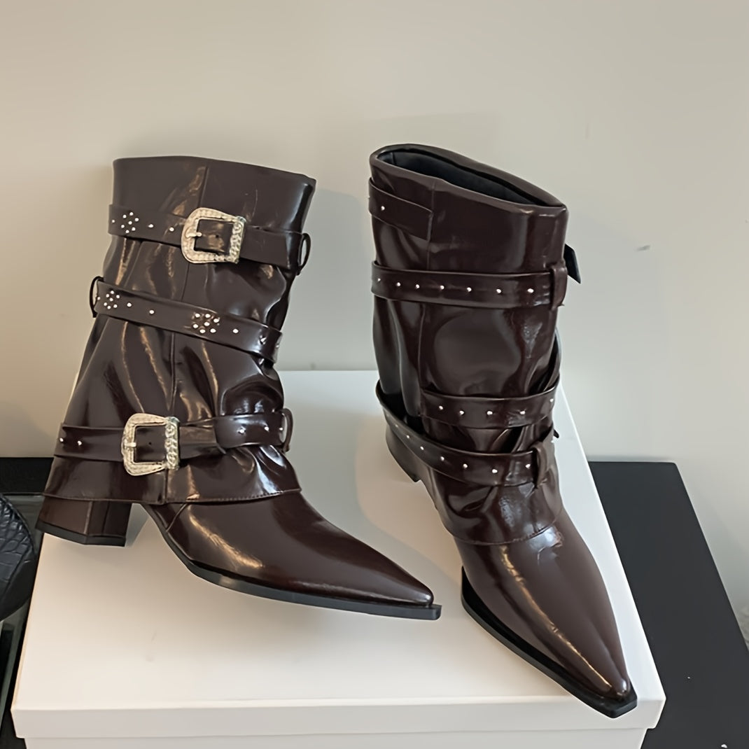 Women's Chunky Mid Heel Ankle Boots Pointed Toe Rubber Sole