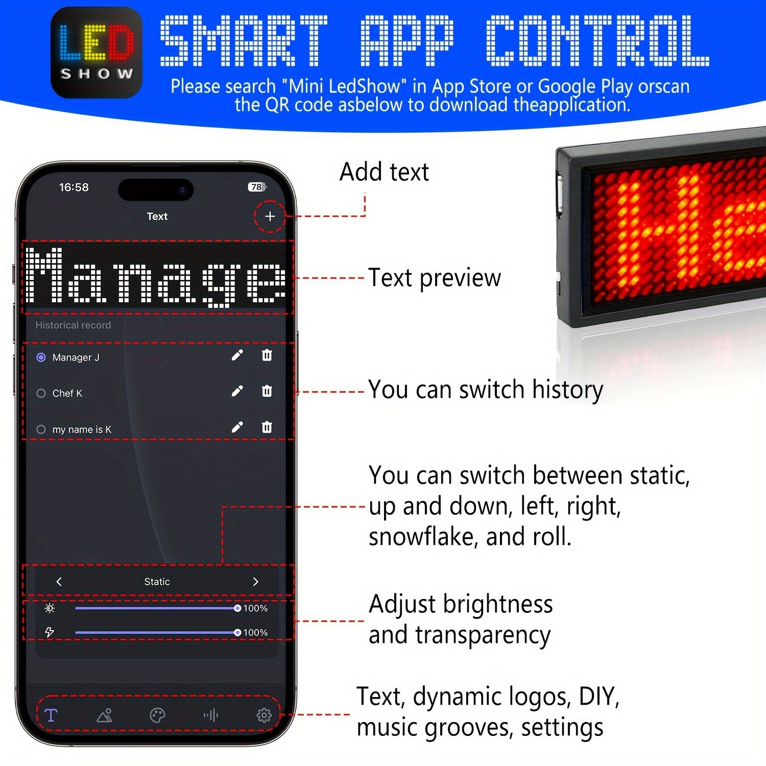 Rechargeable Wireless LED Badge 48x12 Pixel Matrix Display App-Controlled Customizable for Events Nightclubs Hotels