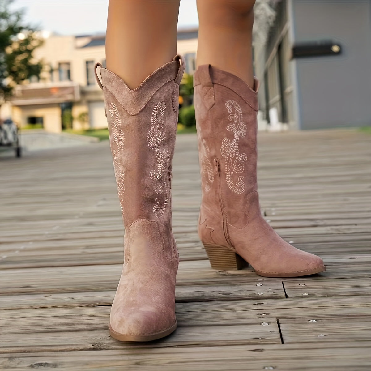 Women's Light Green Embroidered Cowboy Boots Pointed Toe Mid-Heel