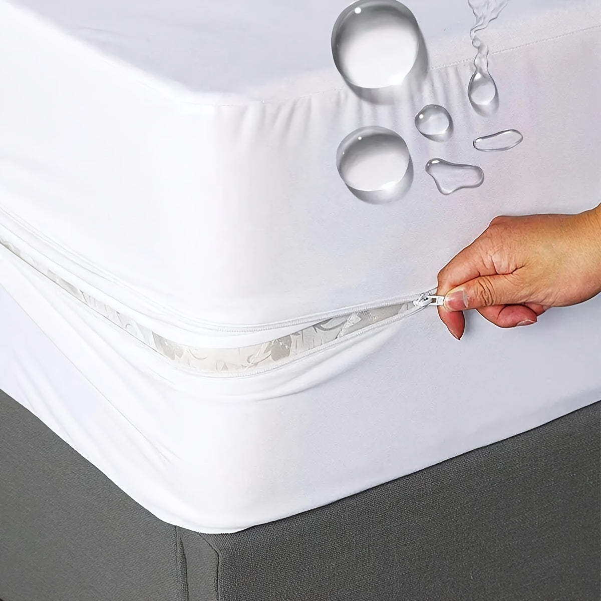 Waterproof Mattress Protector with Zipper Deep Pocket Fitted Sheet for Double Bed White or Grey