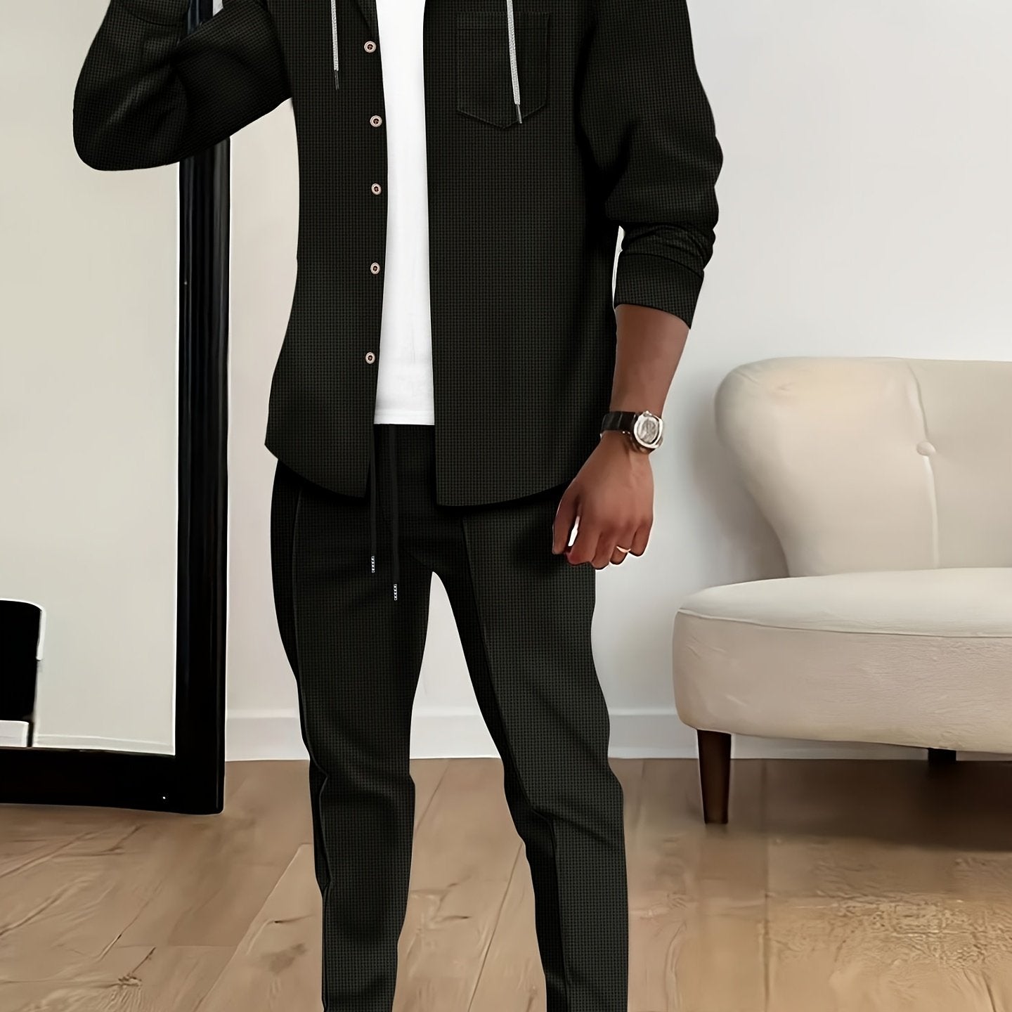 Men's Long Sleeve Hooded Waffle Solid Sports Suit Set for Spring and Autumn