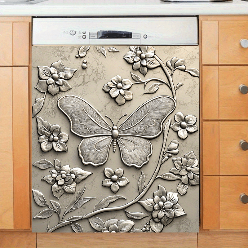 Antique Butterfly Magnetic Dishwasher Cover Waterproof Kitchen Decor 58.5x65 cm