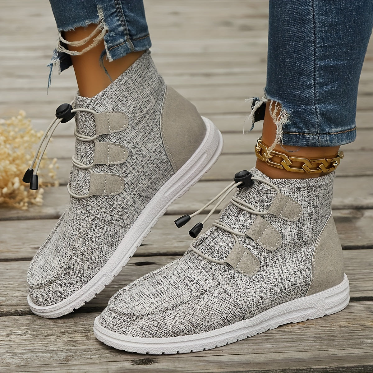 Women's Casual High-Top Sneakers Breathable Fabric Rubber Sole Beige All-Season