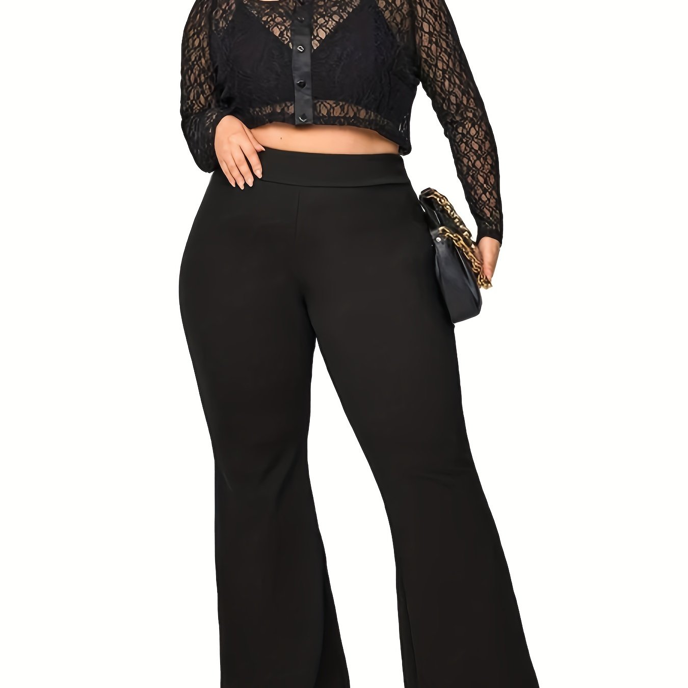 Pantalones de vestir de talla grande para mujer con cintura alta elástica y pierna acampanada