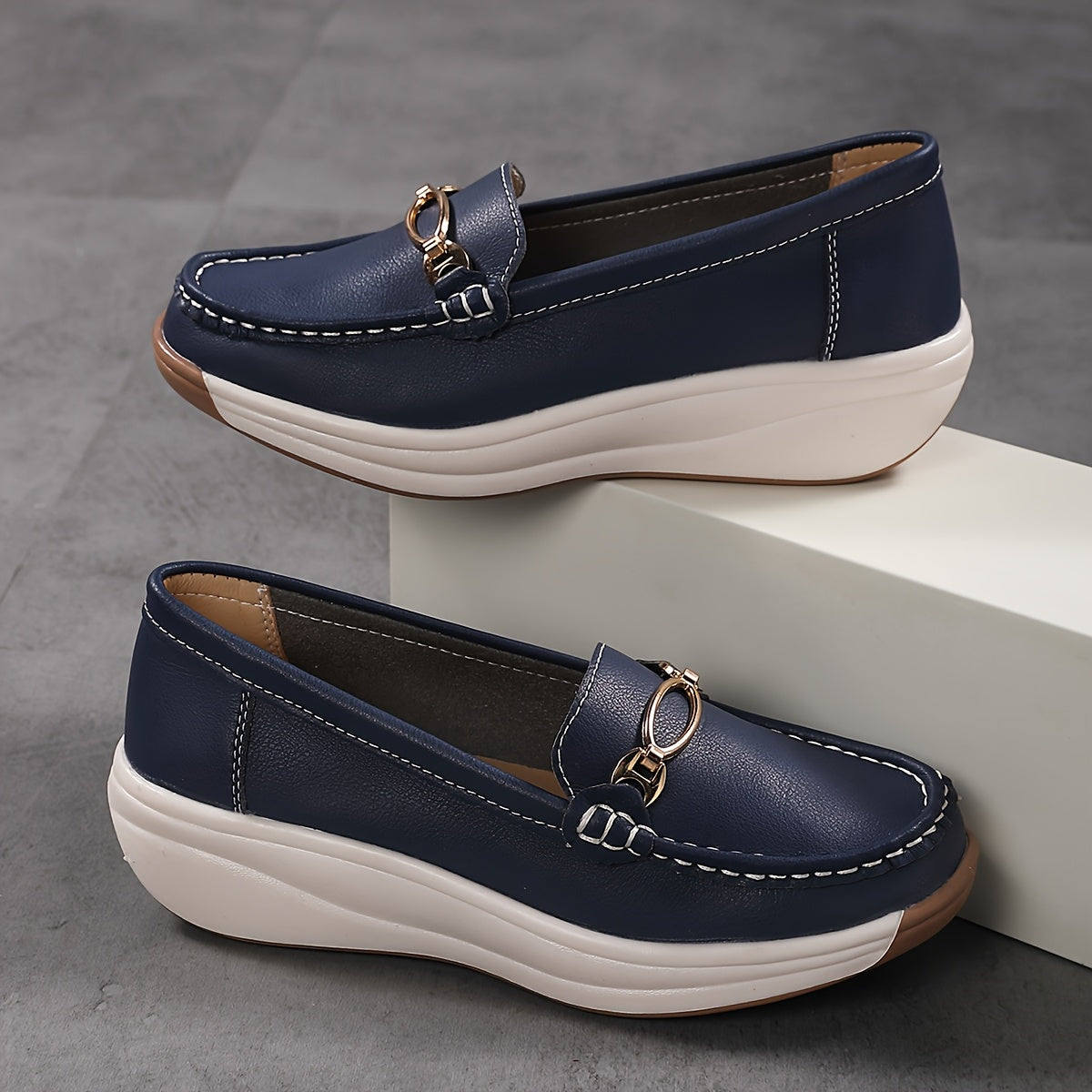 Women's Faux Leather French-Style Loafers with Metallic Buckle Beige