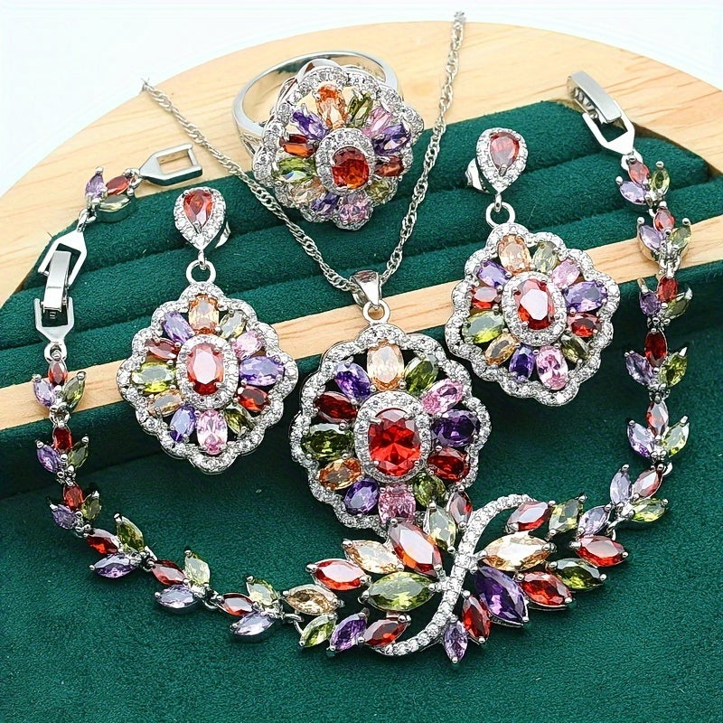 Conjunto de joyería nupcial con pendientes, collar y pulsera de zirconia cúbica, hipoalergénico, chapado en oro