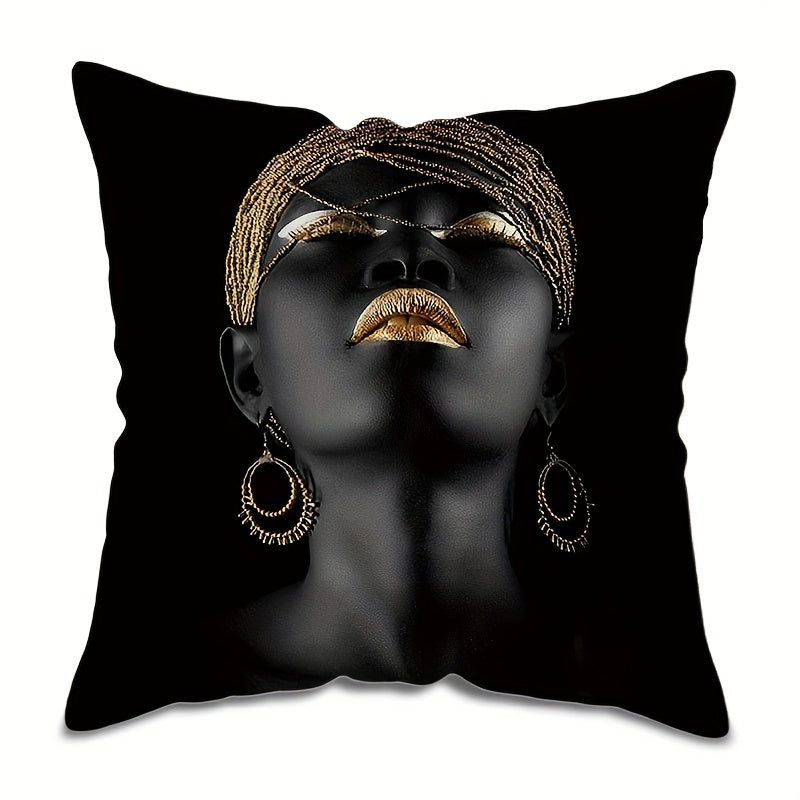 African American Woman Throw Pillow Cover Black and Gold 45 Inch Decorative Cushion