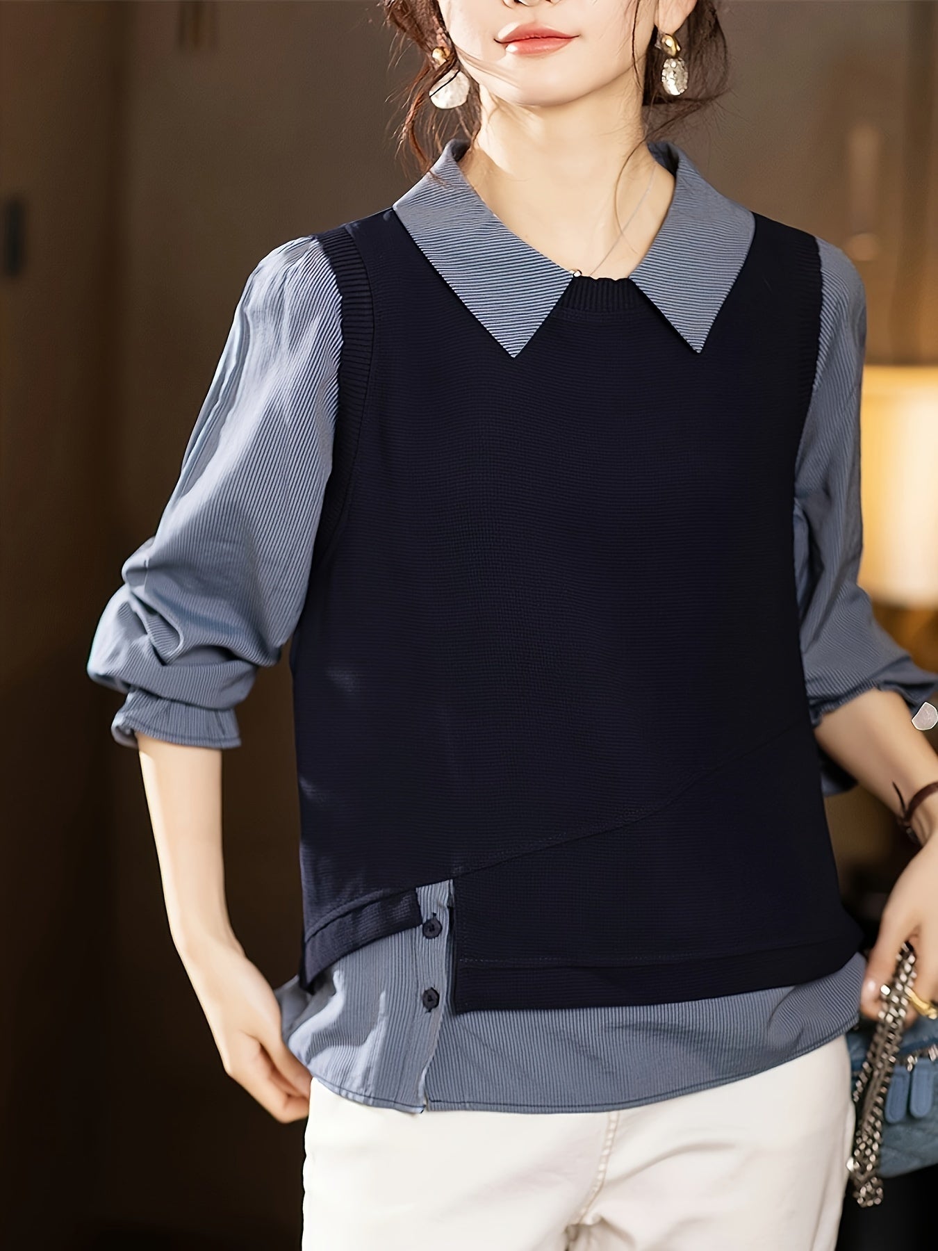 Women's Slim Faux Two-Piece Shirt Top Spring 2025 Loose Stitched