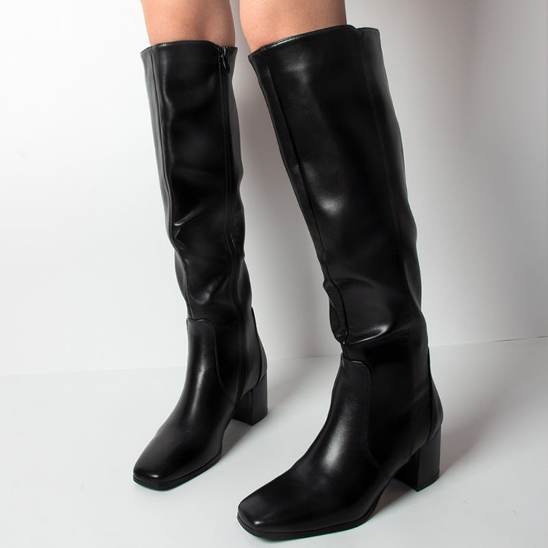 Women's Black Faux Cover Knee-High Boots with Chunky Heel and Zipper