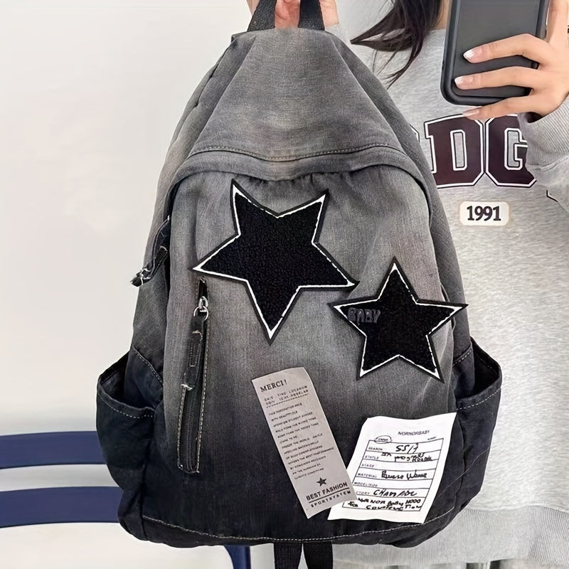 Yulduzli yamoq bilan Punk Goth Denim Ruksak, Zip yopilishi, Bir nechta bo'limlar, Talabalar va Har kuni foydalanish uchun katta sig'im