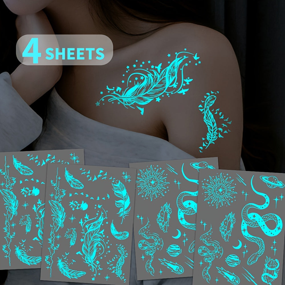 Blue Luminous Feather and Snake Tattoo Stickers for Women and Girls Glow in Dark Fake Body Art
