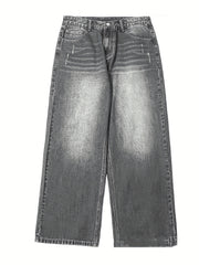 Men's Extra Long Loose Fit Denim Jeans with Geometric Pattern Cotton Blend Non Stretch Fabric Zipper Fly All Season
