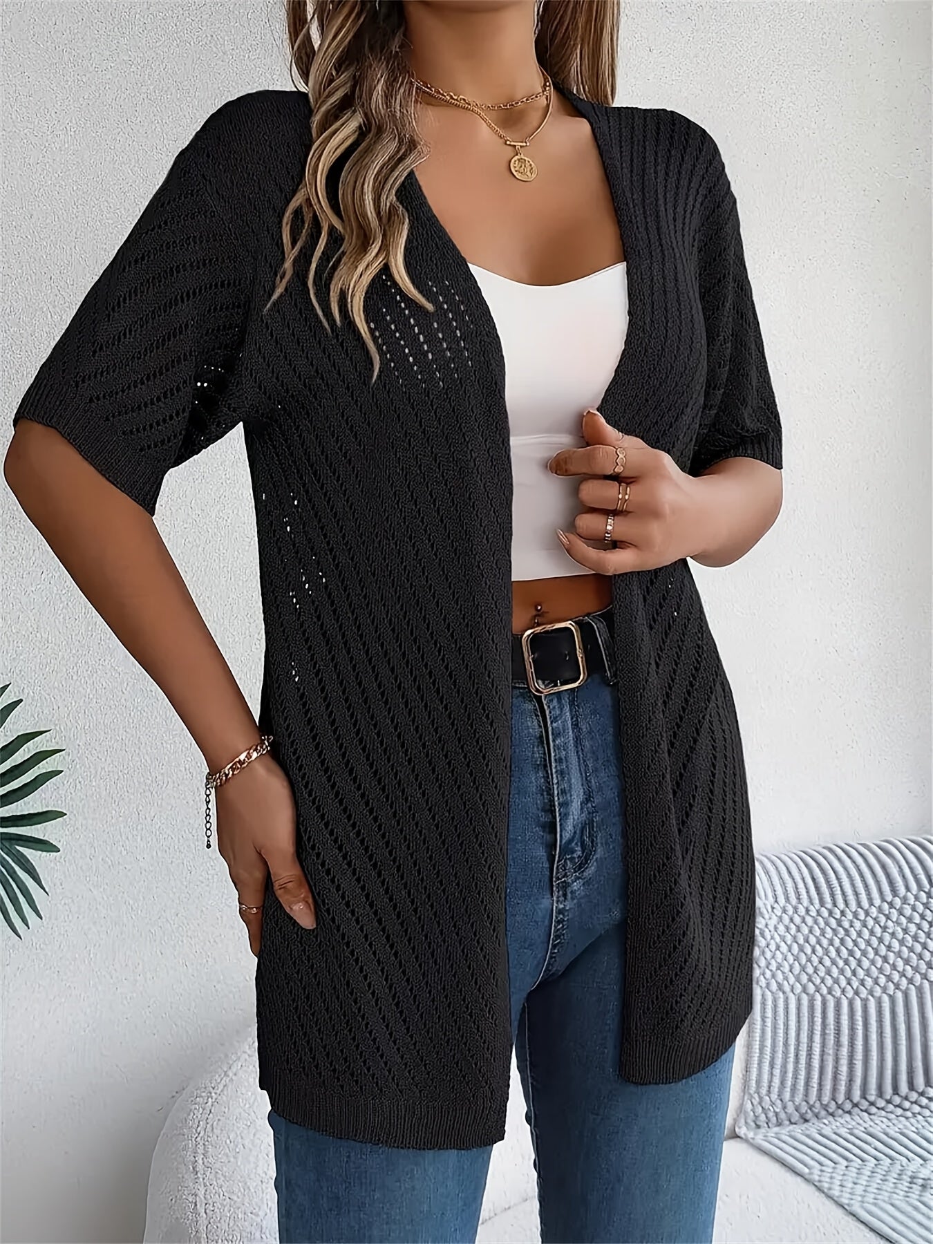 Plus o'lcham ayollar uchun krochet kardigan yengil nafas oladigan qisqa yengli bir rangli bahor yoz