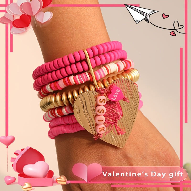 Pink Resin Beaded Heart Pendant Bracelet Bohemian Style for Women