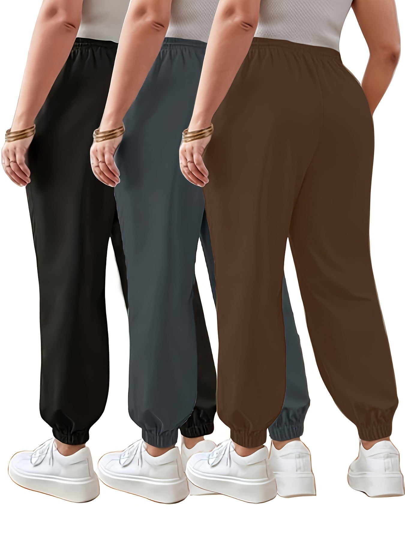Plus Size Women's Jogger Pants 3 Pack Solid Color Polyester Blend Elastic Cuffs
