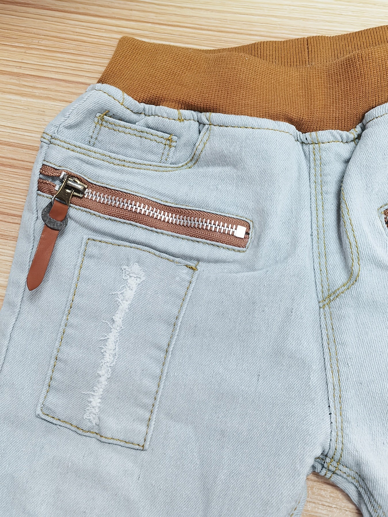 Children's Elastic Waist Denim Jeans with Patches and Pockets for Boys and Girls