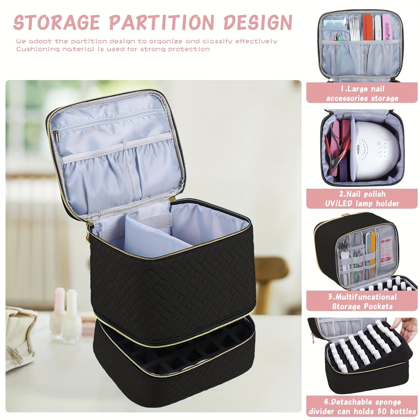 Qopqoqli tirnoq bo'yog'i tashkilotchisi sumkasi, ikki qatlamli, 30 shishani ushlab turadi, ko'p rangli suv o'tkazmaydigan nyolon.