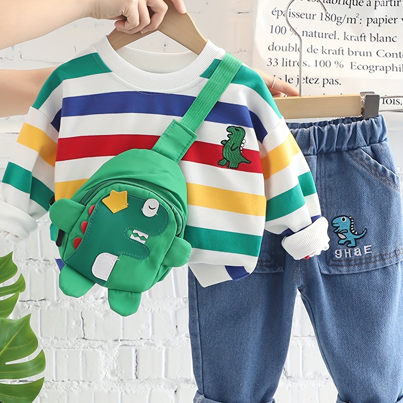 Kids' Autumn 2-Piece Outfit Set with Colorful Striped Long Sleeve Top and Green Dinosaur Jeans for Boys and Girls