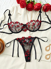Gul naqshli tikuvli ichki kiyim to'plami, yarim shaffof to'rli brassiy va thong, ayollar uchun sexy ichki kiyim