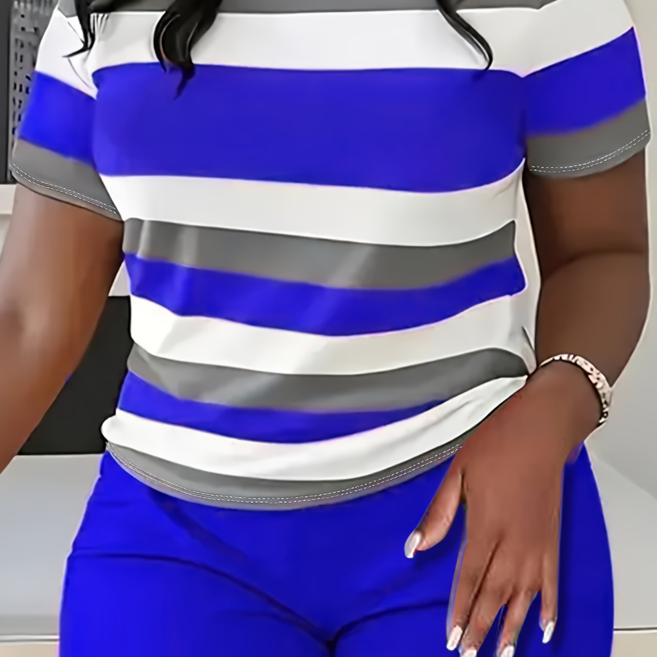 Women’s Plus Size Striped Short Sleeve T-Shirt Knit Polyester Sports Top