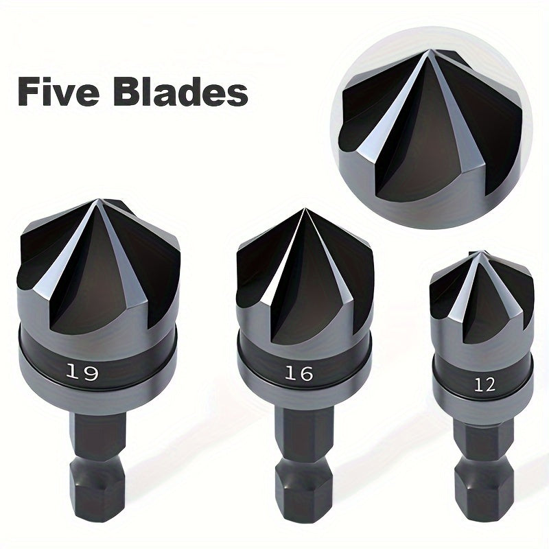 3Pcs Countersink Drill Bits Set, 90° Chamfer For Wood Plastic Aluminum