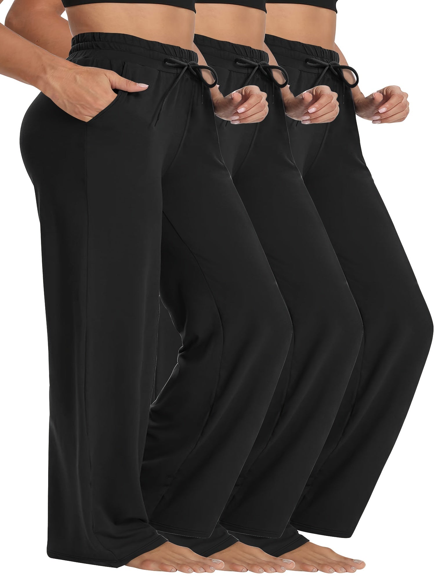 Plus Size High Waist Wide Leg Pants with Pockets and Drawstring in Solid Color 3-Pack