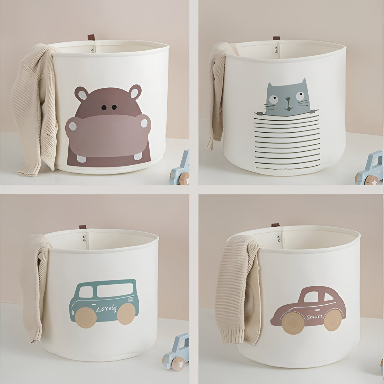 Одна большая корзина для игрушек в автомобильной тематике, которую также можно использовать для хранения грязной одежды и которая складывается.