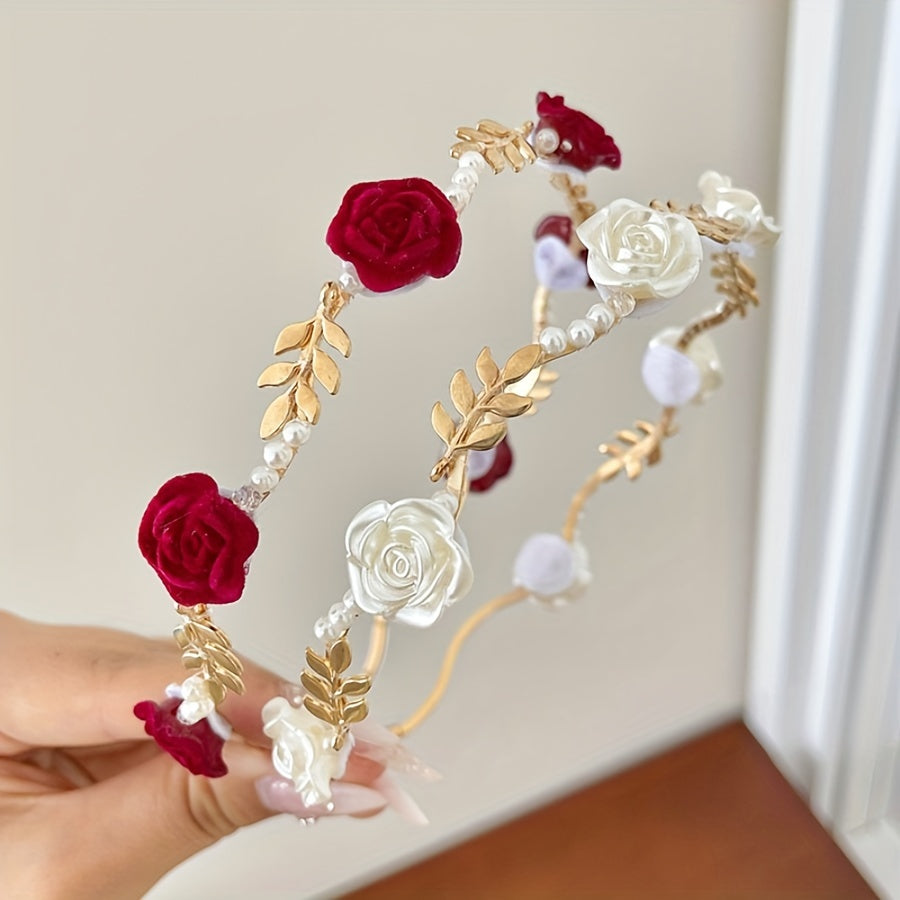 Faux Pearl Rose Hair Hoop for Women Girls Vintage Party Bridal Accessory