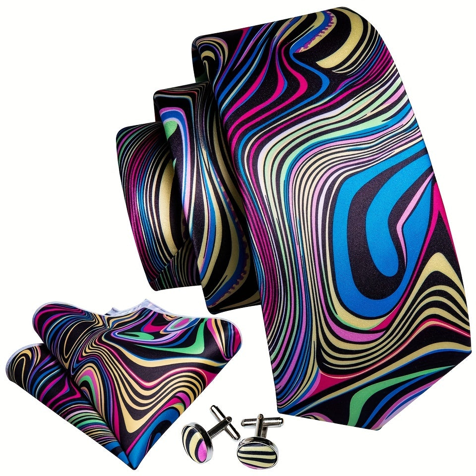 Men's Formal Wedding Tie Set with Jacquard Striped Necktie Pocket Square and Cufflinks