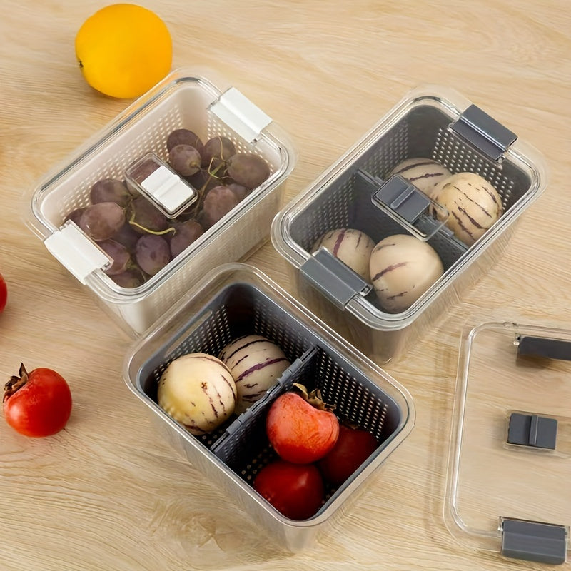 Double Layer Food Storage Containers with Draining Lids for Fruits and Vegetables