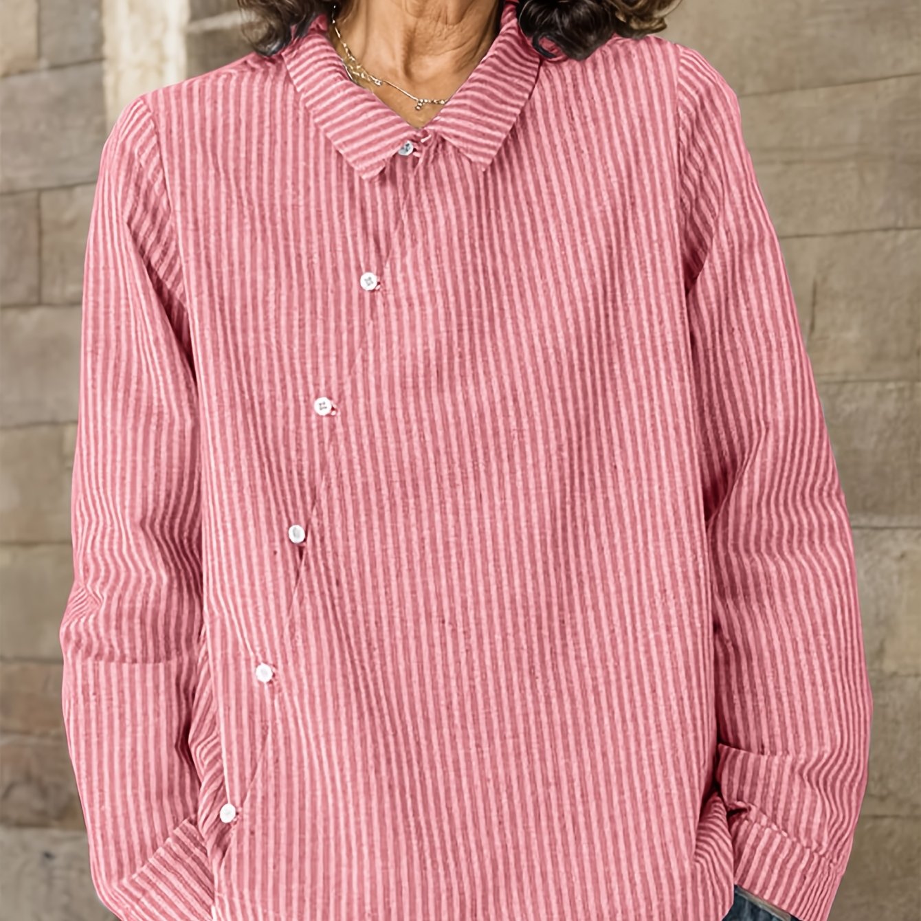 Camisa casual de algodón a rayas para mujer con cuello de solapa, corte suelto, parte delantera de botones