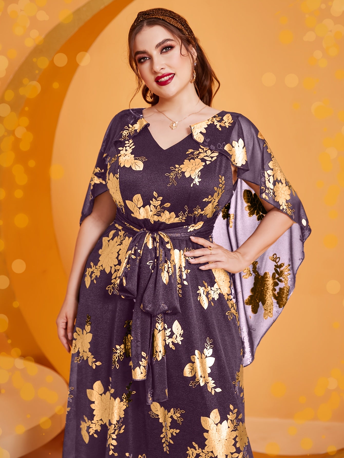 Vestido maxi de talla grande para mujer con escote en V, estampado floral, sin mangas, burdeos, dorado, para todas las estaciones, formal, para la noche