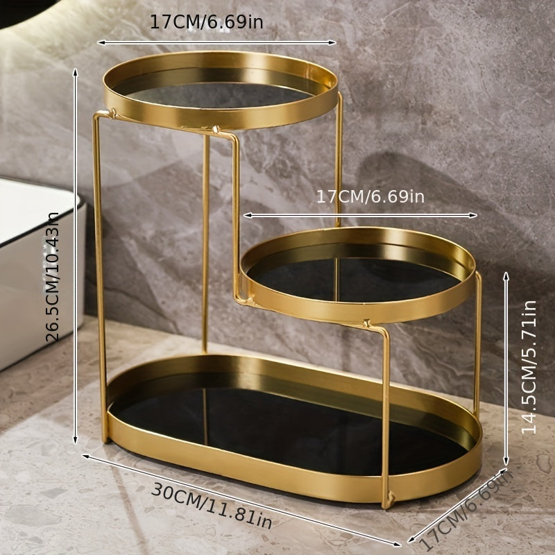 Golden Metal Cosmetic Organizer with 3 Tiers Marble Pattern Vanity Bathroom Storage