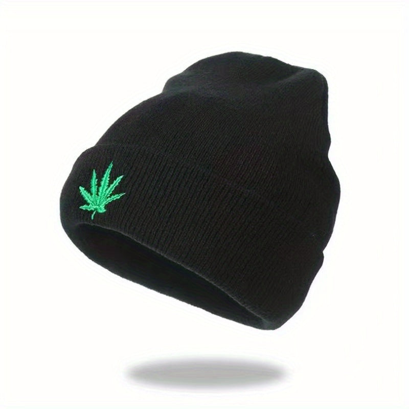 Embroidered Leaf Knit Hat Unisex Sports Cap for Men Women Teens
