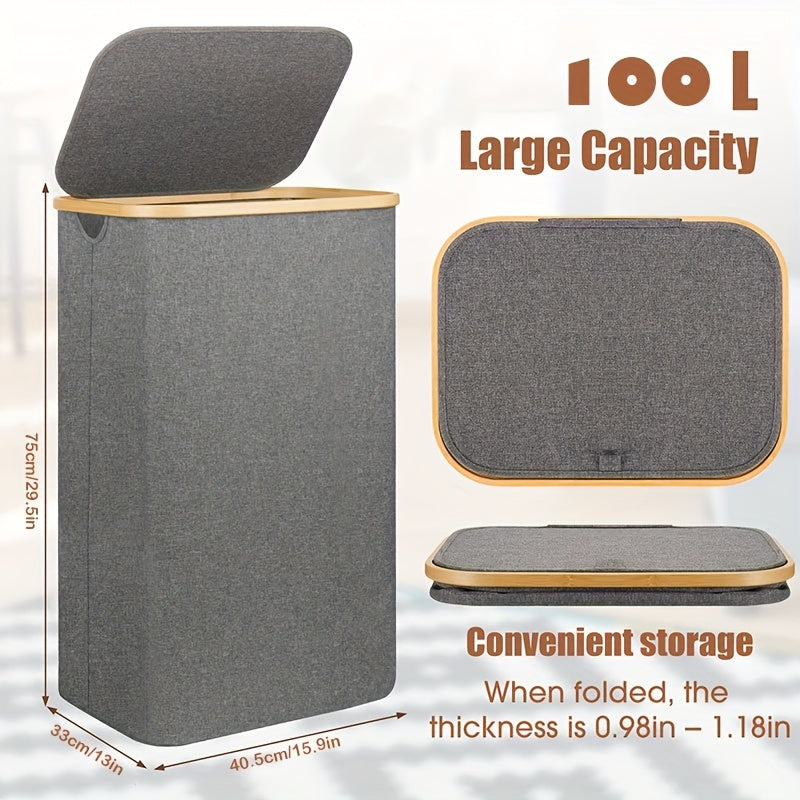 Foldable 100L Laundry Basket with Lid and Liner Grey Black for Bedroom Bathroom Dorm