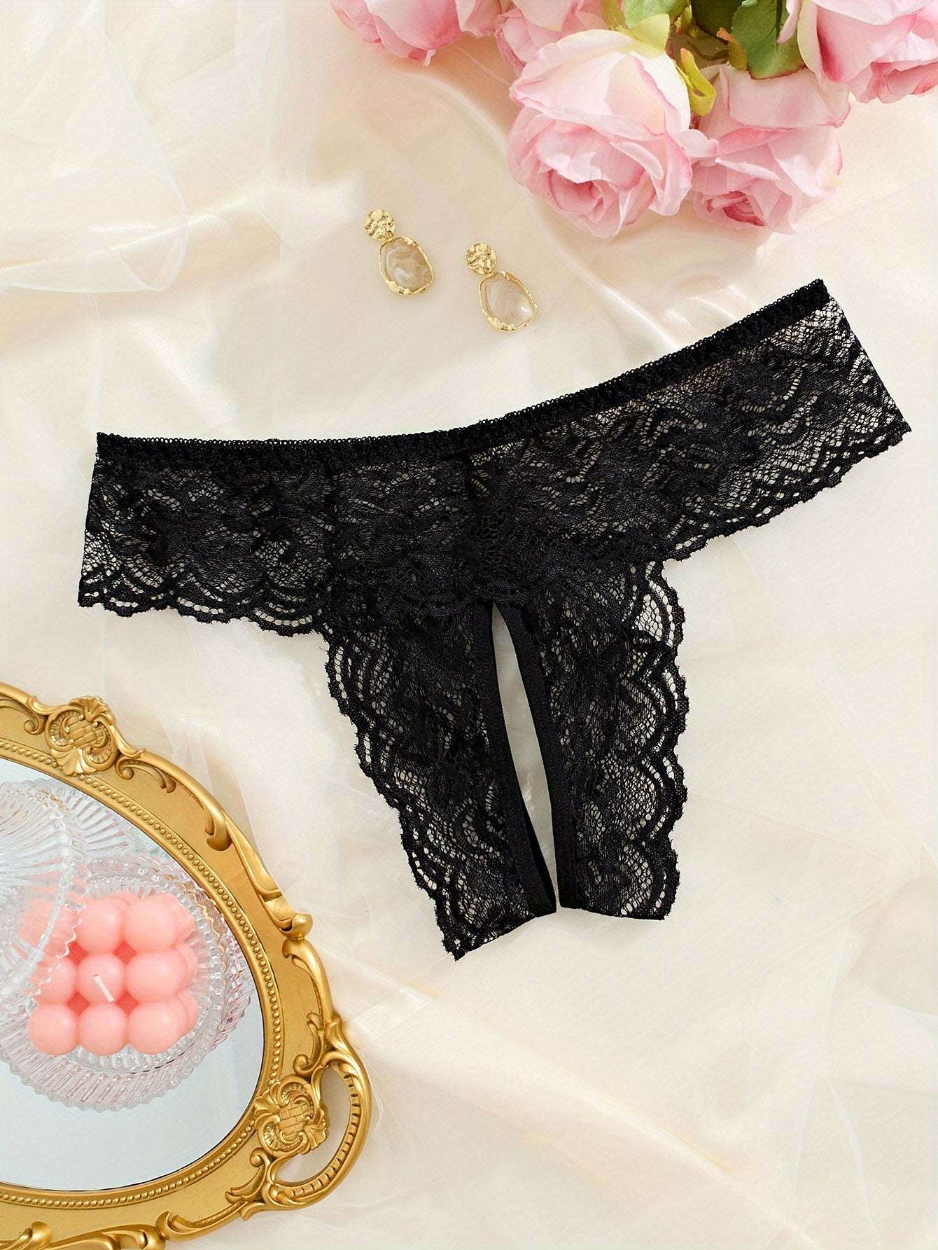 Black Lace Panties Open Crotch Low-Rise Lingerie for Women Valentine’s Day