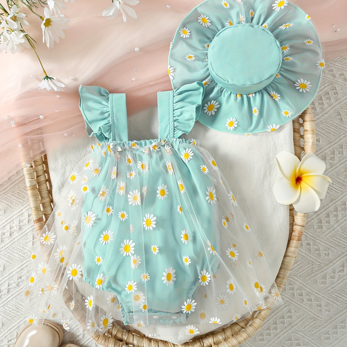 Baby Girls Summer Outfit Daisy Print Bodysuit and Sun Hat Set