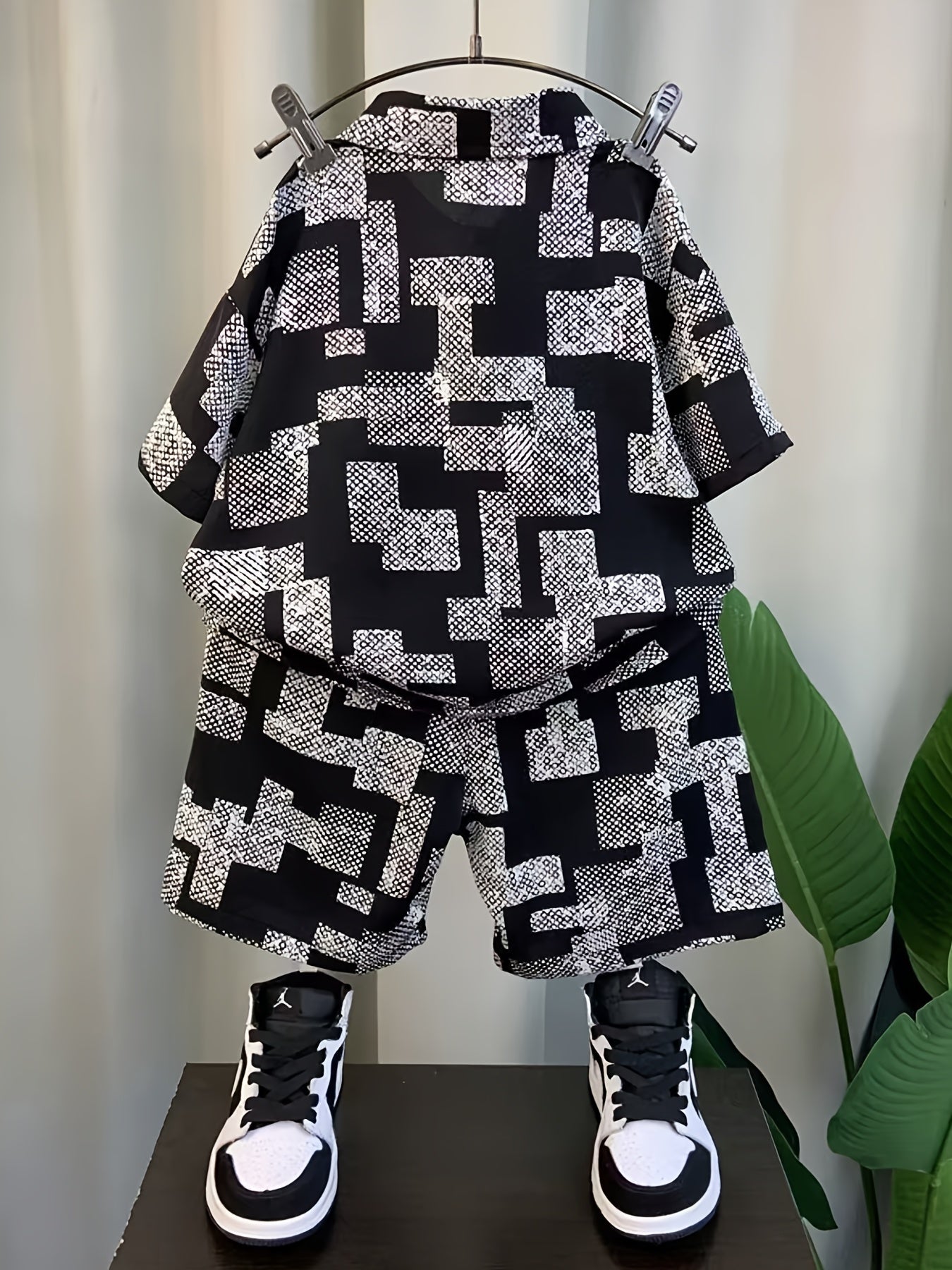 Boys Summer Outfit Set Short Sleeve Shirt and Shorts Alphabet Pattern Polyester Knit Age 12 and Under