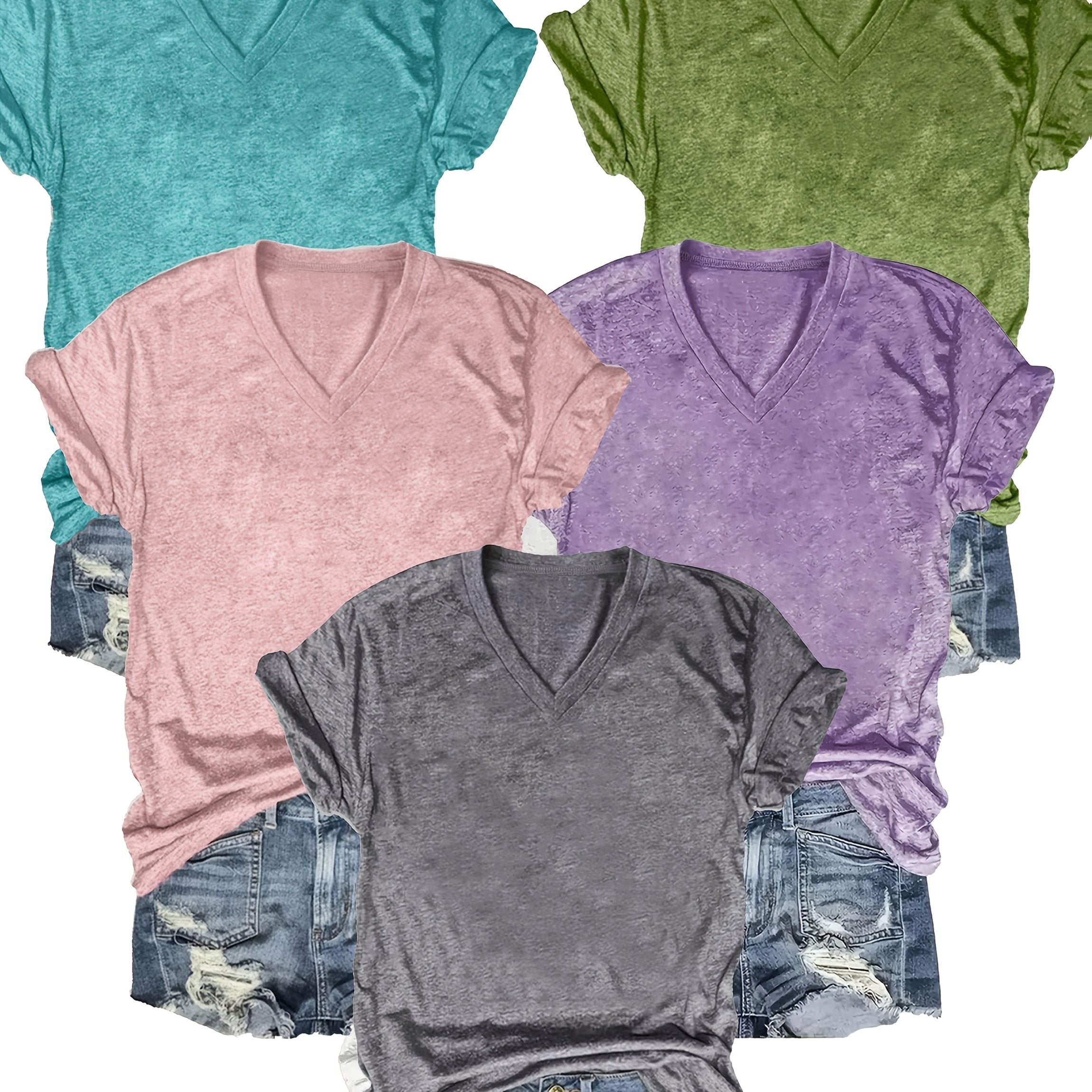 Women’s Solid Color V-Neck T-Shirts Short Sleeve Casual Summer