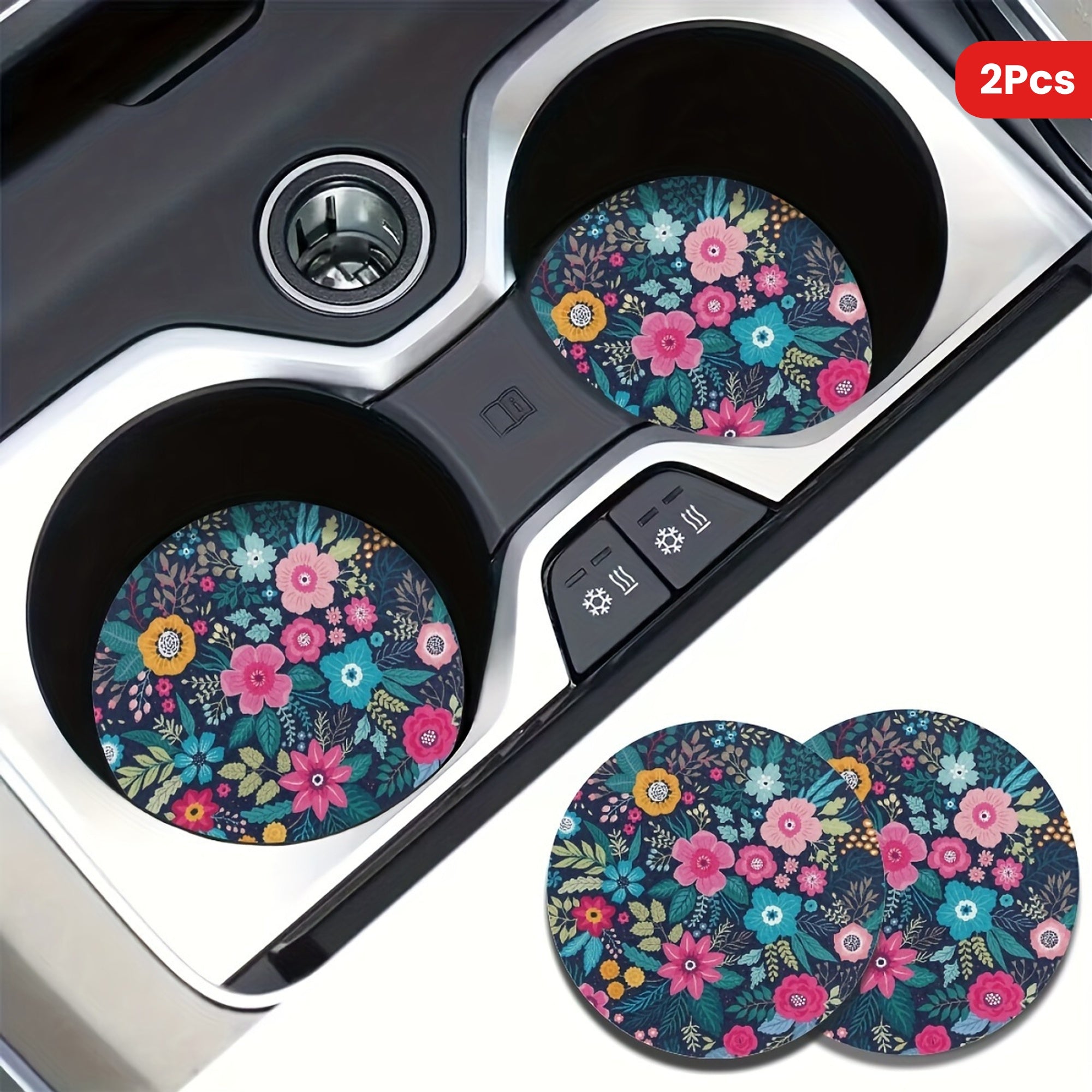 2 Pack Floral Car Coasters Absorbent Anti-Slip for Vehicles and Home