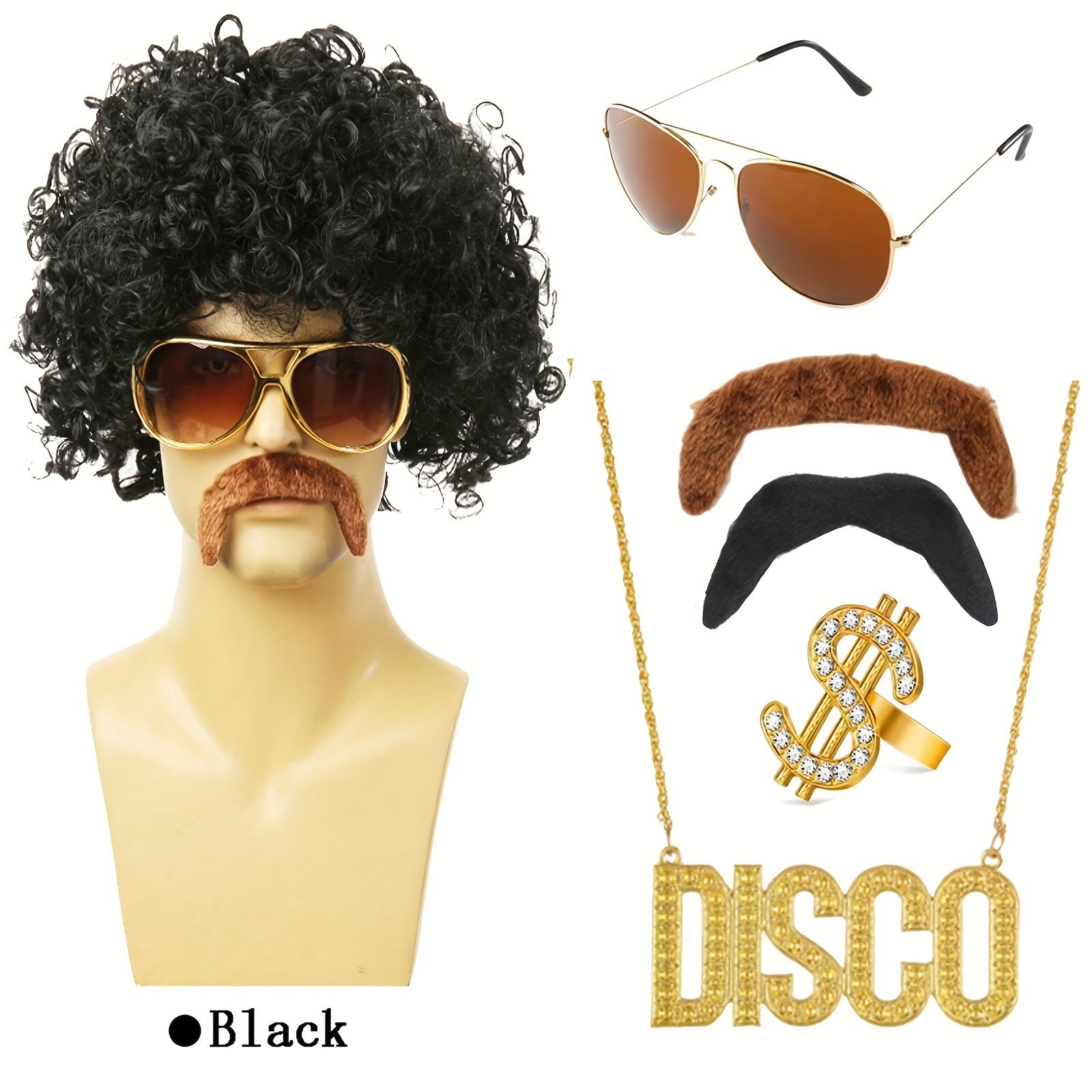 Conjunto de disfraz de los 70s y 80s con peluca rizada, gafas, bigote y collar para fiesta
