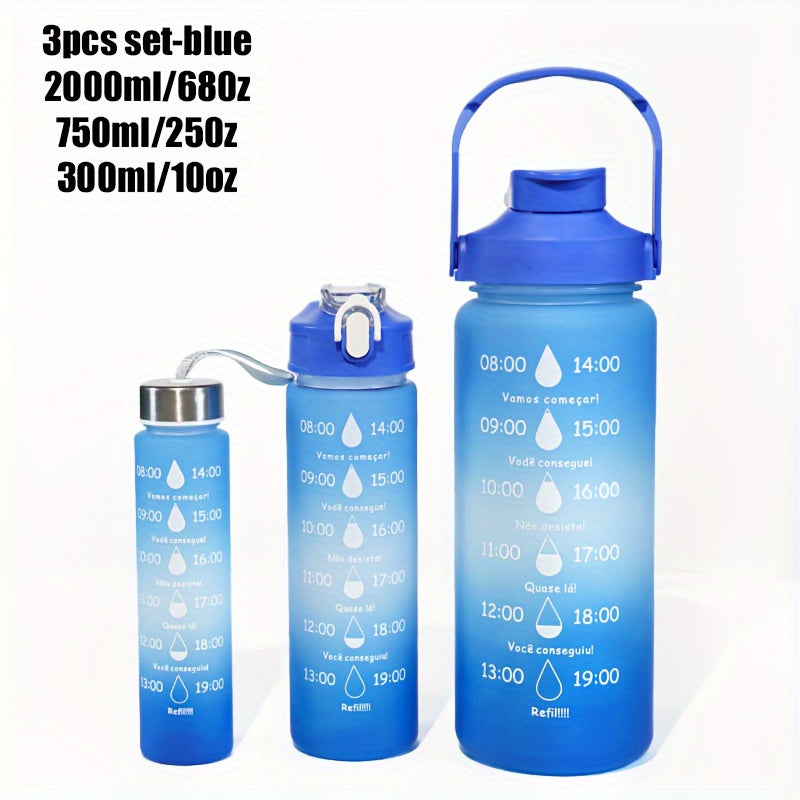 Set of 3 Sports Water Bottles with Time Marker Leakproof One-Click Open Lid for Fitness and Outdoor Activities