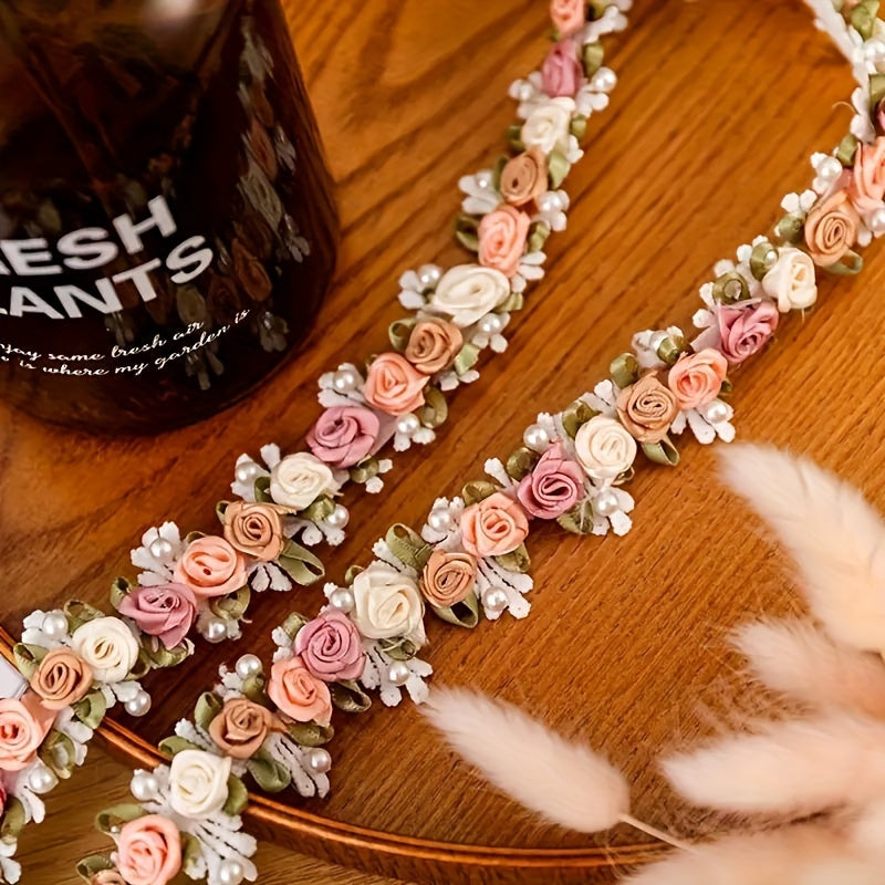 Multicolor Floral Faux Pearl Lace Ribbon 0.91m for Wedding Dresses and DIY Crafts