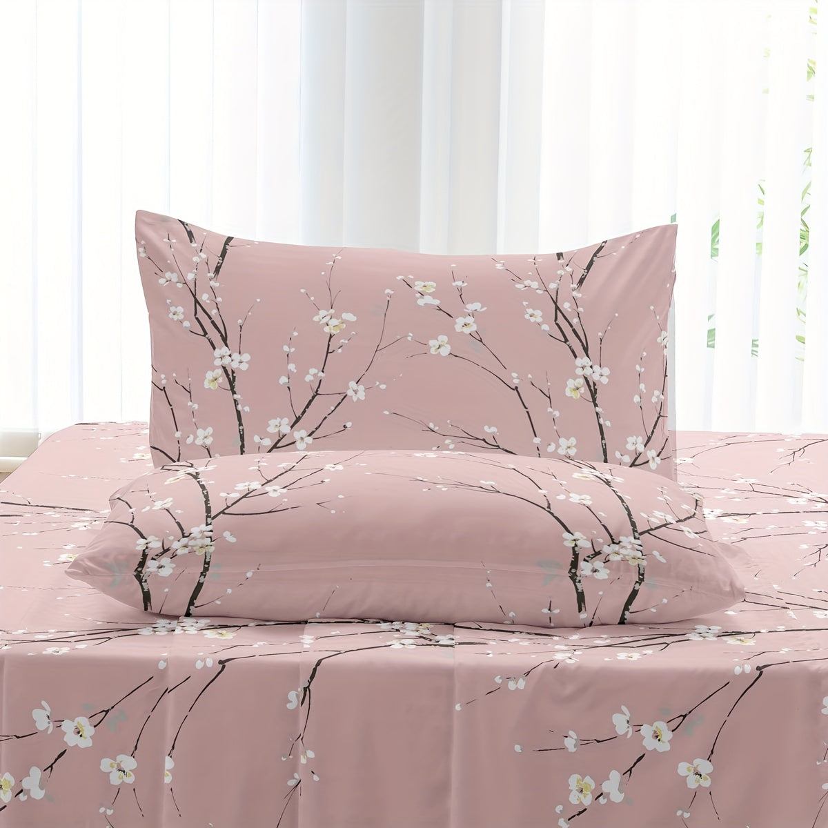 Set of Four Flower Print Fitted Sheets with Pillowcases Breathable Soft Cotton