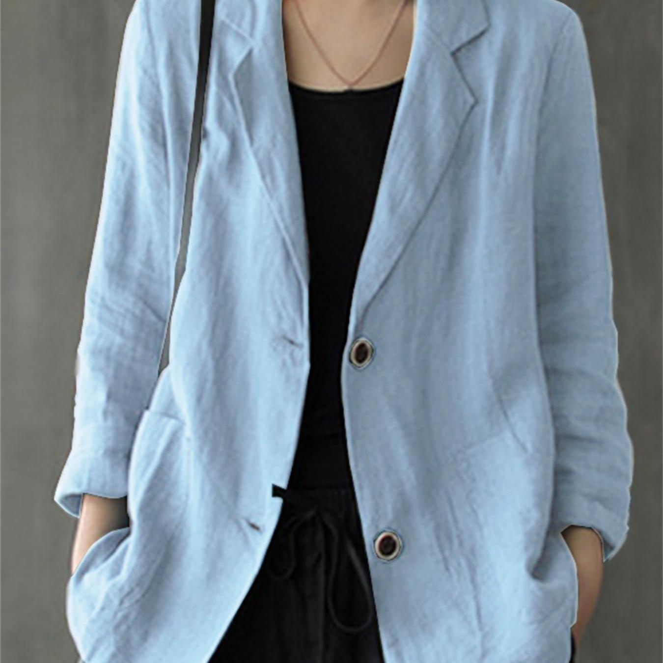 Plus Size Women's Cotton Blazer Long Sleeve Solid Color Office Casual Outerwear