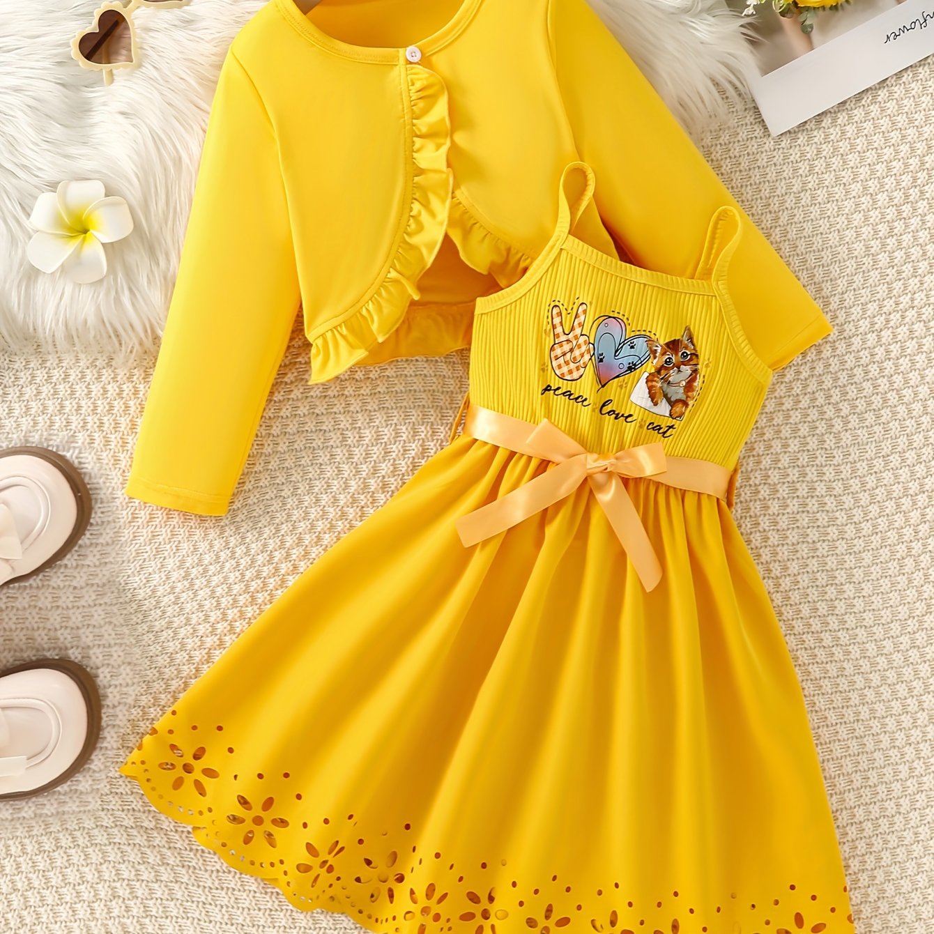 Girls' 2-Piece Dress Set with Frilled Cardigan and Cat Print Cami for Spring Fall Outdoor Activities